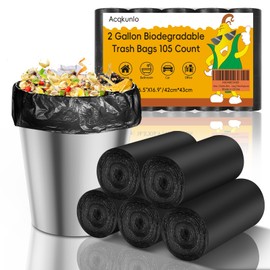 2 Gallon Mini Trash Bag Black-Biodegradable - Small Garbage Bags For Bathroom Can Unscented Compostable 105 Count Little Kitchen Office Car Small Waste Basket Liners Bulk Strong Thick Acqkunlo