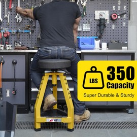 FreekyFit Adjustable Tall Shop Stool, Mechanic Garage Bar Stool Chair, Work Metal Chair for Workshop,360° Swivel Padded Seat, Tool Tray Storage, 350 LBS Capacity, Heavy Duty, Yellow