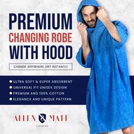 ALLEN & MATE Adult Changing Robe - Quick Dry 100% Terry Cotton Beach Poncho Towel with Hood & Pockets - Ideal for Men & Women (Blue Starfish)