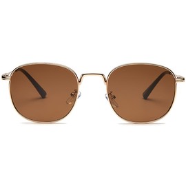 RUNHUIS Classic Square Sunglasses for Men Women Vintage Round Glasses with Metal Frame and UV400 Protection, gold/brown
