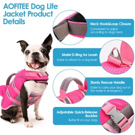 AOFITEE Small Dog Life Jacket, Shark Life Jackets for Swimming Boating, Reflective Dog Swimming Vest with High Buoyancy, Pet Life Preserver with Handle for French Bulldog, Pet Lifesaver (Hot Pink S)