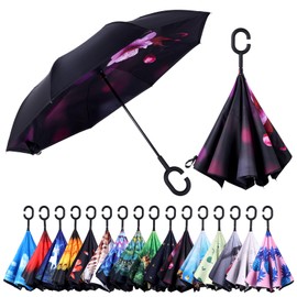 Wxjiahetai Inverted Umbrella, Windproof Reverse Umbrellas for Rain with Reversible Inside-Out Design Large Upside Down Umbrella for Women & Men with C-shaped Handle (Beauty Plum)
