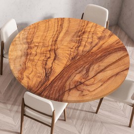 Odot Elastic Edged Round Fitted Tablecloth Protector 3D Wood Print Wipeable Circle Tablecloth Indoor Outdoor Table Cover Wipe Clean for Tabletop Kitchen Dining Room Picnic (130cm,Brown)