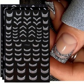 6 Sheets 3D Self-Adhesive French Tip Nail Art Stickers Decals Silver Glitter Nail Stickers Sparkly Nail Decorations Decals Curved Lines Nails Art Designs for Women DIY Nail Art Accessories