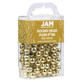 JAM PAPER Colorful Push Pins - Round Head Map Thumb Tacks - Gold Pushpins - 100/Pack