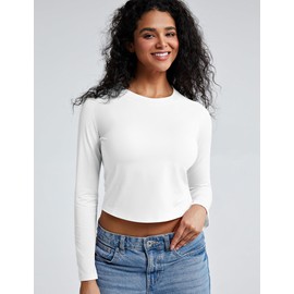 ZeroBound Long Sleeve Built-in Shelf Bra Crop Top for Women and Girls Crew Neck Basic Tees Crop Shirts Outfits Cute Going Out Y2k Clothes White XL