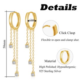 Hasnsofie Silver Hoop Earrings Hanging, 925 Sterling Silver Round Hoop Earrings for Women, Hypoallergenic Long Tassel Chain Drop Earrings with Zirconia, Small Hoop Earrings with Gift Box, Sterling