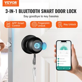 VEVOR Door Knob, Fingerprint Smart Lock with APP Control, Biometric Door Lock Bluetooth Smart Easy Installation Door Lock, for Home Bedrooms, Cloakroom, Hotels, Apartments Offices, Black