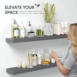 Homeforia Gray Floating Shelves for Wall, Premium Solid Wood Grey Shelf, Grey Bathroom Shelves, Heavy Duty Bracket, 36 x 6.5 x 1.75 inch, Set of 2