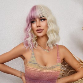 Half Ombre Red and Half White Shoulder-Length Wavy Wig with Bangs
