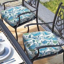 Magpie Fabrics Outdoor/Indoor Tufted Seat Cushion with Ties Set of 2, 19"x19" Waterproof Patio Chair Pads Tatami Floor Pillow for Room Garden Balcony Office Decor(Paisley Blue)