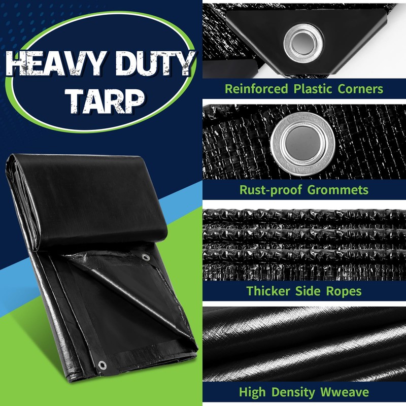 CAMPMAC Black Tarps Heavy Duty Waterproof 12x20, 12 Mil Thick,