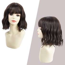 Yamel Wavy Bob Wig with Bangs Natural Brown Wig Synthetic Hair Shoulder Length Short Curly Wigs for Women