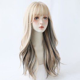 URCGTSA 22 Inches long Wavy Hair Wig for Women Blonde Black Synthetic Hair Natural Curly Wig With Air Bangs Party Cosplay Wig for Girl (Cream with black)