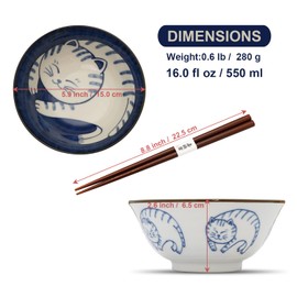 COTONOHA Mino Ware Cat-Design Rice Bowl & Wakasa-Nuri Wooden Chopsticks Pair Set - Artisan Japanese Tableware for Various Dishes, Presented in an Elegant Black Box (Striped Cat)