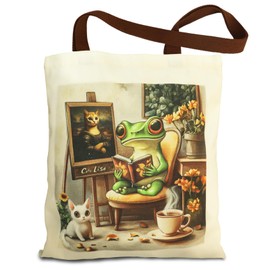 Gifts for Mum, Canvas Tote Bag,Tote Bags for Women, Aesthetic Cat Gift Bag with Sturdy Shoulder Straps, Cute Fabric Tote Bag with Frog Reading Pattern for Women Ladies Girls Working Shopping