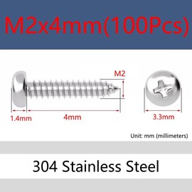 MOOPW Round Head Wood Screws - Stainless Steel 304 Self-Tapping Phillips Pan Head Self-Drilling Screws M2 x 4 mm 100 Pieces