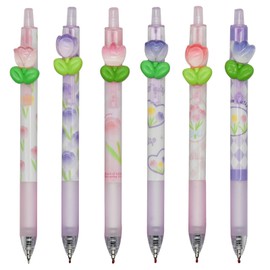 Maydahui Fashionable Tulip Flower Retractable Ballpoint Pen, Set of 6, 0.5mm, Black Ink, Cute, Romantic Flower, Stationery, Gift, Gel Ballpoint Pen, Funny, Cute