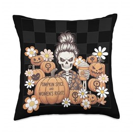 Pumpkin Spice and Women's Rights Skeleton Fall Feminist Throw Pillow
