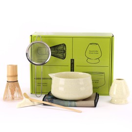 VONAHAST Japanese Matcha Whisk Set - 7-Piece Kit Bamboo Chasen, Ceramic Bowl with Spout, Stainless Steel Sifter & Holder Yellow
