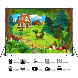 Renaiss 8x6ft Cartoon Forest Backdrop Fairytale Green Forest Village Wood Hut Mushroom Flowers Wonderland Photography Background for Baby Shower Kids Birthday Party Decor Photo Studio Props