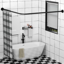 SIKAIQI Stretchable 304 Stainless L Shaped Bathroom Bathtub Corner Shower Curtain Rod Rack (Black 24"-69" x 24"-85", Maximum size 114''), Drill Free Install, for Bathroom,Clothing Store,Private space