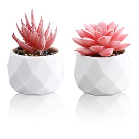LB 2 Pack Succulents Plants Artificial in White Ceramic Pots - Small Fake Potted Plants for Shelf, Bathroom, Bedroom and Office Desk Decor - Ideal Pink Faux Succulents Decor Gift for Girls Women