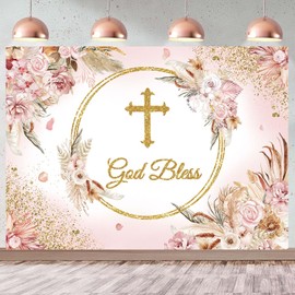 God Bless Backdrop Baptism Backdrop for Girls Baby Shower Party Decorations Background Pink Boho Flowers Newborn First Holy Communion Christening Banner Photoshoot Props 8x6FT