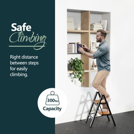 WOA WOA Step Ladder, Widening Pedals for Extra Balance, Lightweight Step Stool, Easy to Move Around, Foldable Ladder, Space Saving, Anti-Slip Stepladder 300 lbs Capacity (2 Step, Black & Wood Grain)