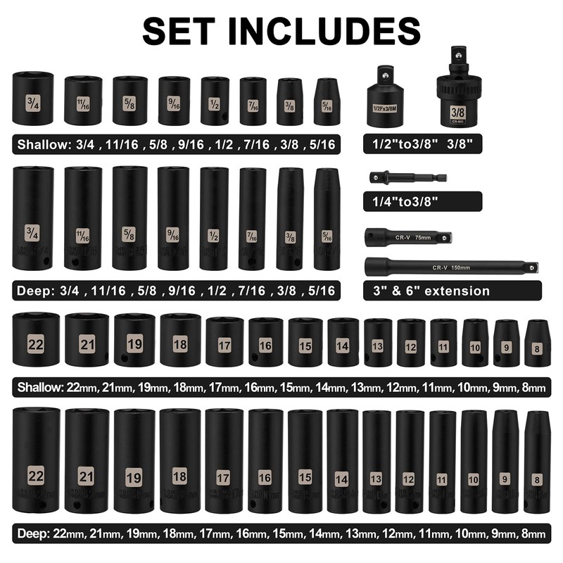 Mayouko 49 Pieces 3/8" Drive Impact Socket Set, 5/16"-3/4", 8-22MM,
