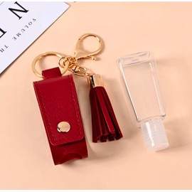 1Pc Red 1oz/30ml Portable Hand Sanitizer Bottles with Keychain, Empty Bottle Leather Sanitizer Holder Refillable Container Travel Portable Small Squeeze Bottle for Toiletry Lotion Liquid Soap Shampoo