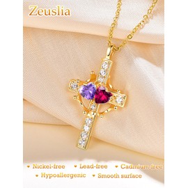 Zeuslia Crown Cross Birthstone Necklace for Women 925 Sterling Silver Gold Cross Necklace with Crown Pendant Double Birthstones Jewelry Gifts for Women On Birthday Anniversary, Sterling Silver, Ruby