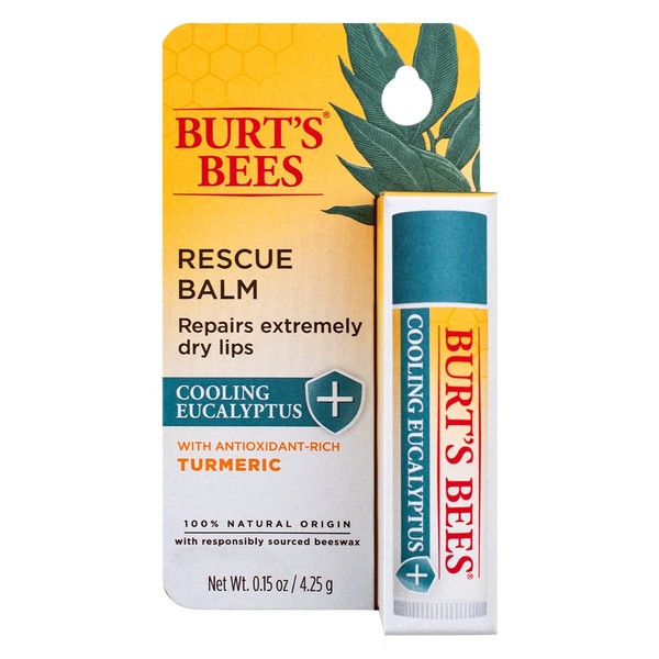 Burt Bees 100 percent Natural Origin Rescue Lip Balm with Beeswax and Antioxidant-Rich Turmeric Promotes Healing of Extremely Dry Lips, Cooling Eucalyptus Bundle, 6 Tubes, 0.15 Ounce (Pack of 6)