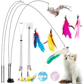 ZooZoo 14PCS Interactive Cat Feather Toy Set for Indoor Cats, Active Play Kit with Door Hanging Toy, Double-Sided Suction Cat Wand with Feathers, Mice & Fur Balls, Encourages Hunting, Jumping, Chasing