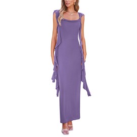 PRETTYGARDEN Women's Summer Long Formal Wedding Guest Dress Sleeveless Ruffle Cocktail Party Maxi Bodycon Dresses (Dusty Violet,Small)