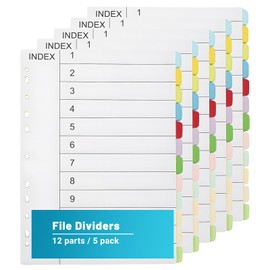 File Dividers A4, 5 Pack Folder Dividers, 12 Part Extra Wide Coloured Tabs, A4 Part Dividers for Ring Binders Plastic Binder Dividers for Lever Arch Files