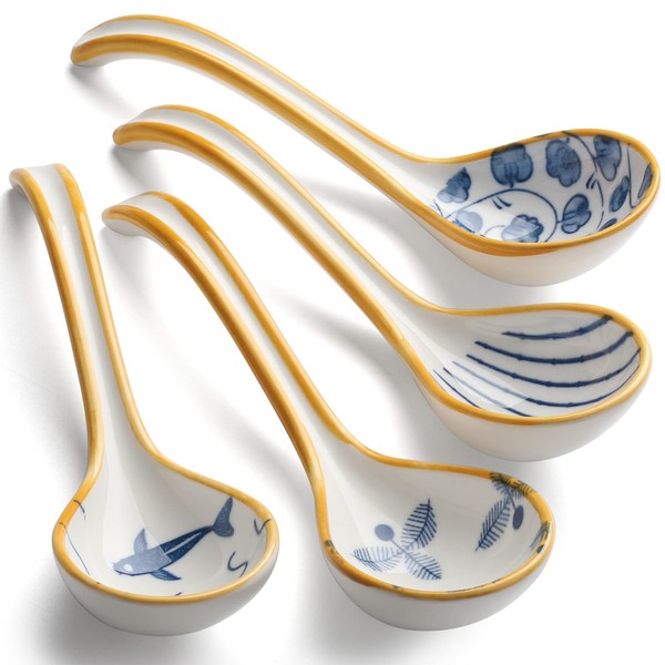Ceramic Soup Spoons Set of 4 Porcelain Japanese Soup Spoon Long Handle Asian Soup Spoon Sets for Gravy, Soup Noodles, Wontons, Cream (Ceramic)