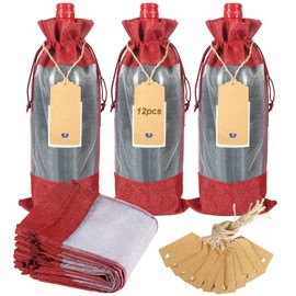 Shintop Wine Gift Bag, 12 Pcs Burlap Wine Bags with Drawstring and Tags & Strings Bottle Bag with Sheer Window for Christmas Wedding Birthday Party Favors (13.8 X 6.3 Inches,Red)