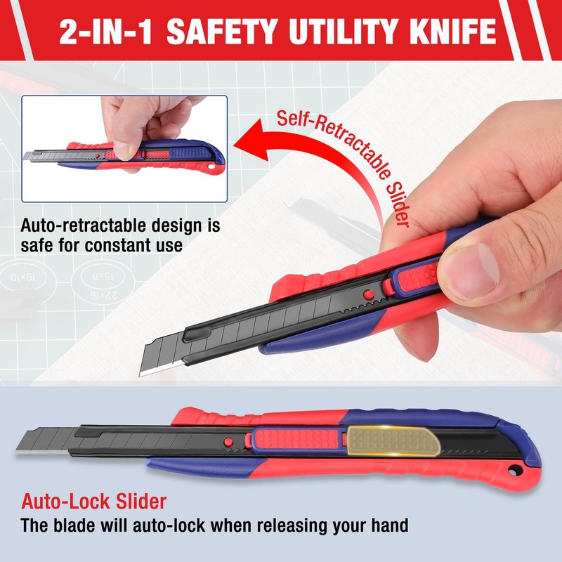 WORKPRO 2-In-1 Safety Utility Knife Retractable Snap-off blade, Metal Box