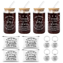 Culudea 12 Pcs Friendship Gifts for Women Friend Gifts for Women Friend Bestie Glass Cups with Lids and Straws Set 16oz Friendsgiving Iced Coffee Cups Tumbler Makeup Bags Keychains Gift for Her