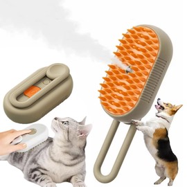 3 in 1 Cat Steam Brush for Shedding, Cleaning & Massage, USB Rechargeable Pet Spray Hair Removal Comb for Long/Short Haired Cats & Dogs (Khaki)