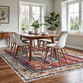 KOZYFLY Boho Area Rug 6x9 Ft Rugs for Living Room Washable Bedroom Rug Non Slip Rugs for Living Room Rust Orange Printed Faux Wool Vintage Bedroom Rug Floor Carpet for Dining Room Living Room