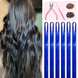 Sapphire Blue Hair Tinsel Kit 48 Inches 1200 Strands with Tools and Instruction Easy to Install Fairy Glitter Tinsel Hair Extensions for Women and Girls，Shinny Sparkling Braiding Hair Accessories