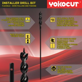 Flexible Installer Drill Bit 3/4 Inch x 54 Inch, Wire Pulling and Fishing, Auger Head Installer Drill Bit, Fish Bit for Pulling Wires in Walls Ceilings and Sidewalks, 1/4" 3-Flat Anti-Slip Shank