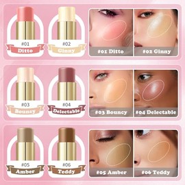 Kit de maquillaje en barra de contorno de crema de 6 colores, colección de rostro de tono fresco | Shades with Highlighter & Bronzer & Blush Stick for