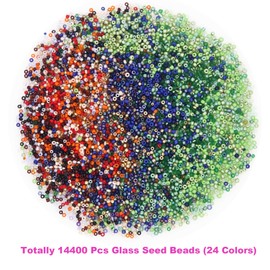 EuTengHao - 14400 cuentas de cristal pequeñas para manualidades, pulseras, collares, manualidades, suministros de joyería con dos cuerdas transparentes de 0.5 mm (600 unidades por color, 24 colores).