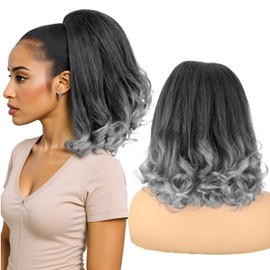 UAmy Hair Ponytail Extension 14 inch Gray Yaki Flick Drawstring Ponytail for Black Women Synthetic Kinky Straight Hair Pony Tail Hairpice with Curly Ends(T1B/Gray)