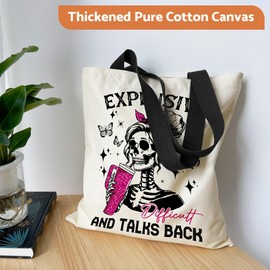 LOCKASEN Canvas Tote Bag Aesthetic for Women, Cute Tote Bag with Zipper Pocket, Heavy Duty Reusable Shopping Bags for Grocery, 09-sassy Skeleton, Medium