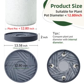 REDHUGO 2PCS Round Plant Caddy with Hidden Wheels, Heavy Duty Rolling Plant Stand Caddy with Wheels, Pot Base for Indoor Outdoor, Gray, 13 inches