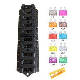 Aiqeer Car 10-Way Fuse Holder, 12 V / 24 V / 32 V / 48 V Universal Standard Blade Fuse Box, Fuse Block, with Moisture-proof Cover and 10 Pieces Blade Fuse